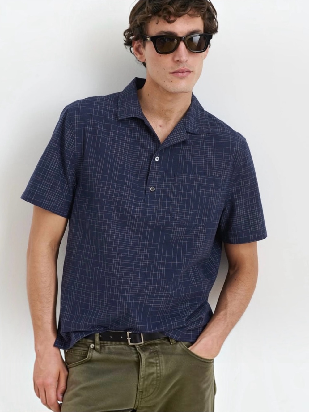 NWT Alex Mill Som SS Popover Shirt 2XL Navy Broken Crosshatch Camp Collar